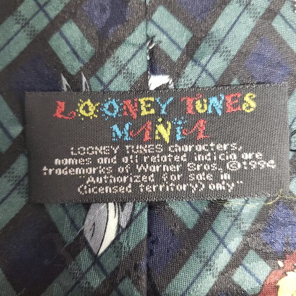 Vgt. Looney Tunes Mania Cartoons Necktie Tie Green Blue Plaid Check Bugs Bunny